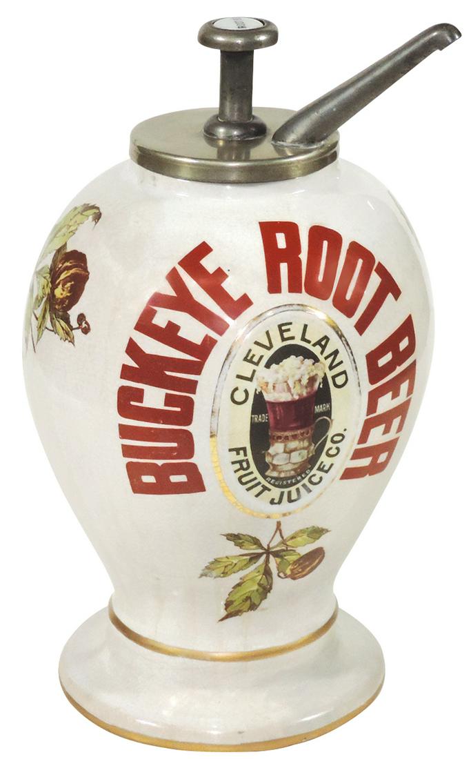 Soda fountain syrup dispenser, Buckeye Root Beer,: Soda fountain syrup dispenser, Buckeye Root Beer, Cleveland Fruit Juice Co., painted ceramic w/orig old pump w/Root Beer porcelain button, c.1910, Exc cond w/minor o/all background discoloring, 15"H.