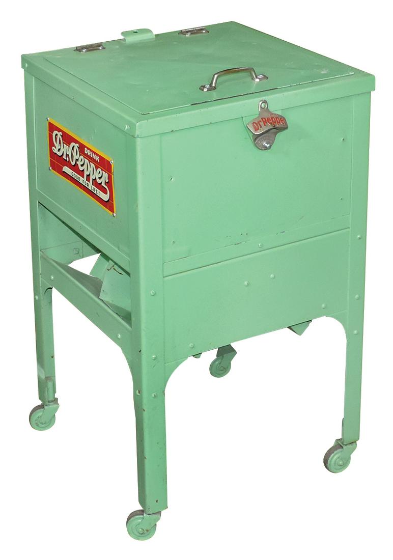 Soda fountain cooler, Dr. Pepper, mint green painted: Soda fountain cooler, Dr. Pepper, mint green painted metal cooler on wheels, embossed metal signs on 3 sides & Dr. Pepper opener on front, VG cond, 30"H x 17.5"Sq.