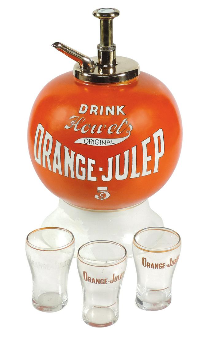 Soda fountain syrup dispenser & glasses, all Howel: Soda fountain syrup dispenser & glasses, all Howel's Orange-Julep, 7" repair on bottom flange, old pump stamped "The Russ Mfg. Co." w/"Orange" button, 3 Orange-Julep glasses w/syrup lines, 2 Exc, 1 Go