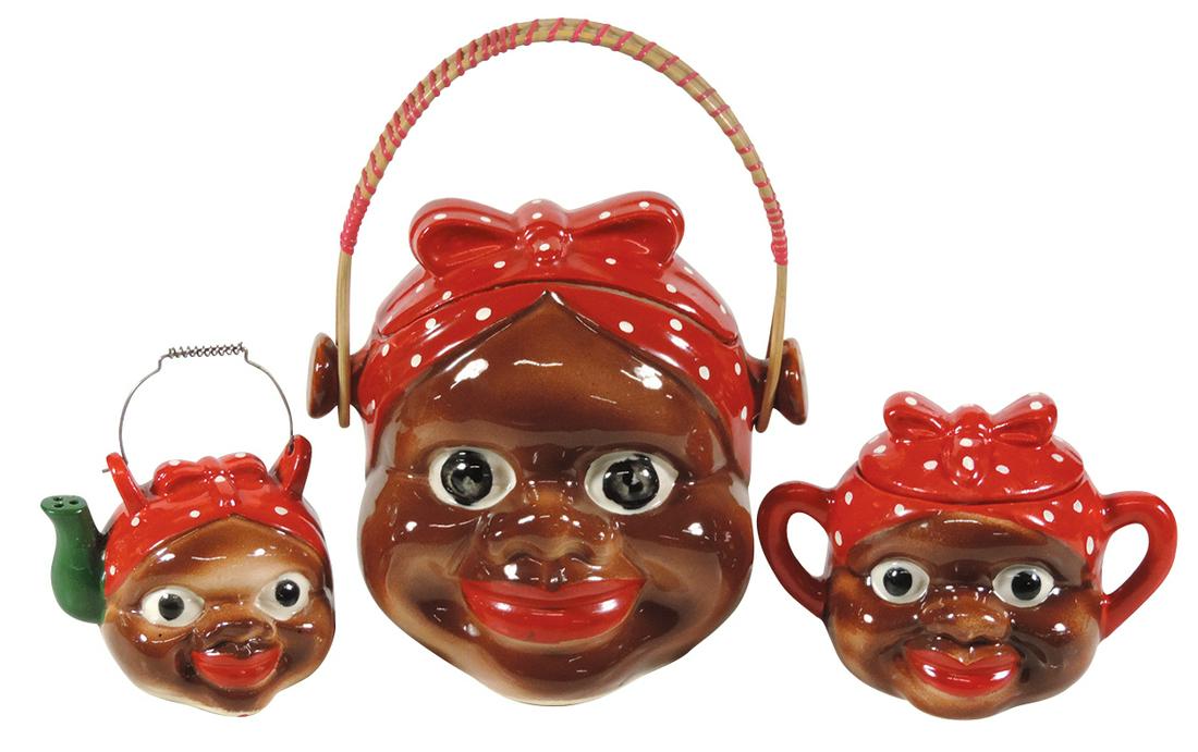Black Americana, Googly eyed Mammy biscuit jar, Rare,: Black Americana, Googly eyed Mammy biscuit jar, Rare, red polka dot bandana w/basket weave handle w/matching creamer & sugar bowl (stamped Made in Japan), ceramic, Exc cond, up 6"H.