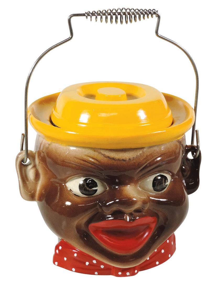 Black Americana, Googly eyed Pappy cookie jar, yellow: Black Americana, Googly eyed Pappy cookie jar, yellow hat, red polka dot bow tie, bail handle w/wire grip, marked "Japan", Very Rare, Exc cond w/possible repaint on hat, 7.5"H.