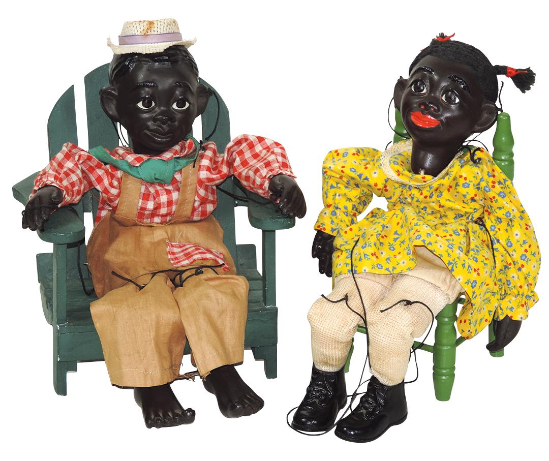 Black Americana Marionette puppets (2), made by: Black Americana Marionette puppets (2), made by Effanbee "Lucifer Austin" & "Liza Lee", jointed bisque & composition, c.1930's, both Exc cond w/chairs, 13" & 15"L.