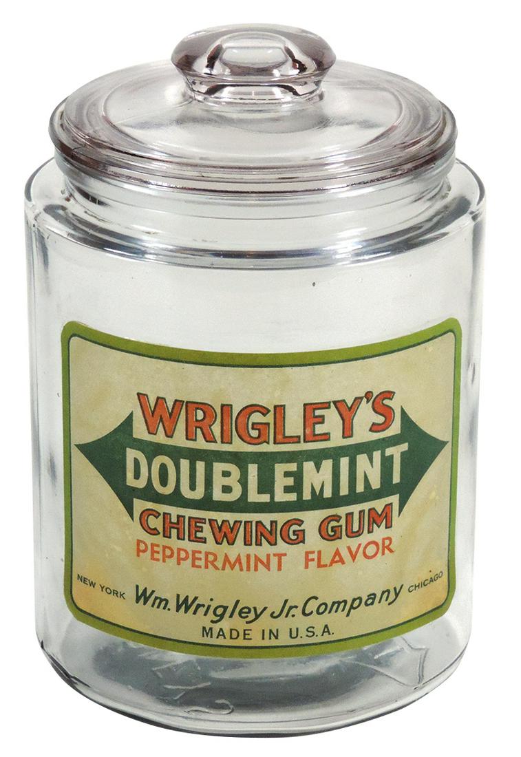 Chewing gum jar, Wrigley's Chewing Gum counter jar,: Chewing gum jar, Wrigley's Chewing Gum counter jar, bottom of glass jar embossed Wrigley's Spearmint, Exc cond w/old Wrigley's waxed label, 9"H x 6"Dia.