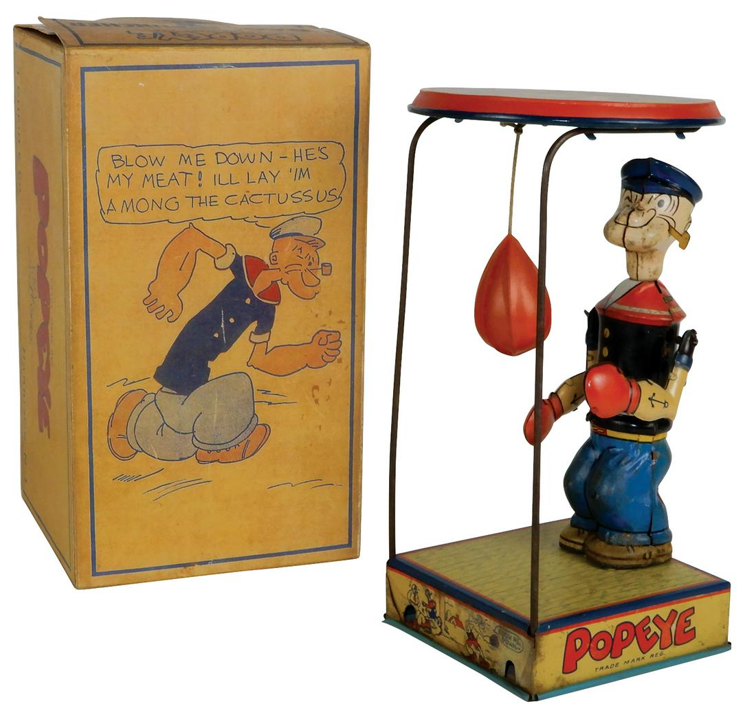 Toy Chein Popeye Bag Puncher No. 255, litho on tin: Toy Chein Popeye Bag Puncher No. 255, litho on tin windup, some discoloration on bag, o/wise Exc working cond w/key & prof reproduced box, 9.5"H x 4.5"L.