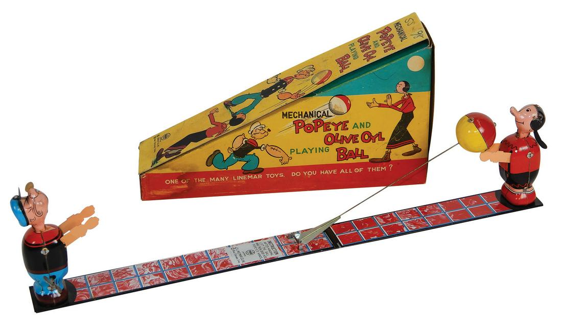 Toy Linemar Mechanical Popeye and Olive Oyl ball toss,: Toy Linemar Mechanical Popeye and Olive Oyl ball toss, litho on tin windup by Linemar Toys-Japan, separate mechanisms for both figures, Olive Oyl works & Popeye winds but does not bounce ball, The win