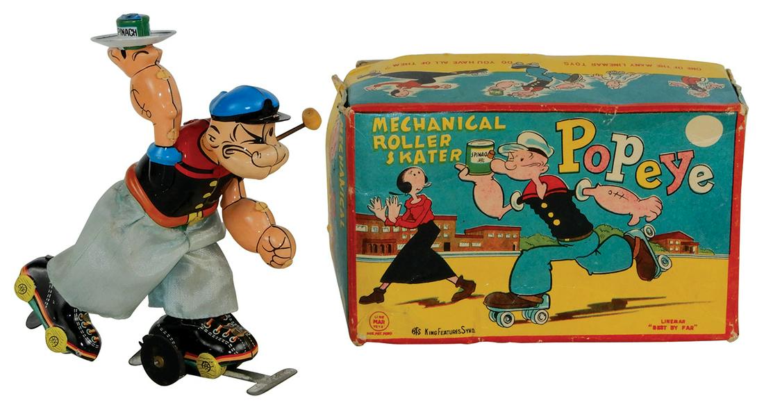 Toy Linemar Popeye Mechanical Roller Skater, litho on: Toy Linemar Popeye Mechanical Roller Skater, litho on tin windup, Near-Mint working cond w/VG cond box, 6.25"H.