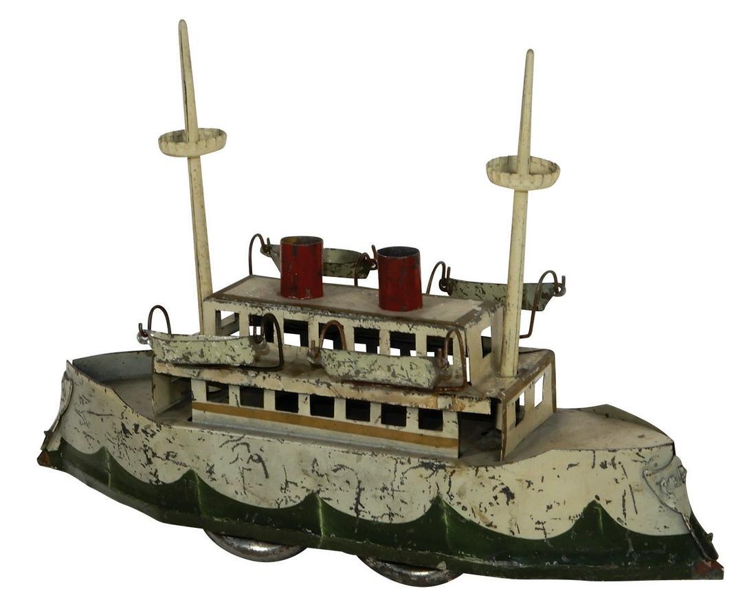Toy boat, Dayton Hill Climber steam ship, litho on tin,: Toy boat, Dayton Hill Climber steam ship, litho on tin, 2 masts & 4 lifeboats, scalloped waterline on hull, c.1915, VG cond with o/all scratches, 9"H x 12.5"L.
