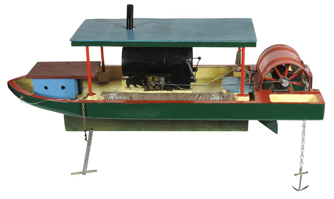 Toy boat, steam powered paddle boat on stand, wood &: Toy boat, steam powered paddle boat on stand, wood & metal, hand constructed, Exc cond, 11"H x 27"L.