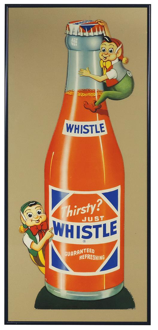 Soda fountain sign, Whistle, diecut cdbd, large bottle: Soda fountain sign, Whistle, diecut cdbd, large bottle w/elves, Prof framed, dated 1951, Exc cond, image 29.5"H, frame 33"H x 15"W.