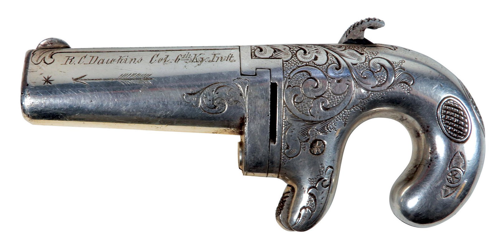 Civil War Derringer, 6th Infantry Colonel: Civil War Derringer, 6th Infantry Colonel's Rare factory engraved & inscribed Civil War Moores Patent Firearms Co. No. 1 Derringer. Scroll & Arrow engraving "R.C. Dawkins Col, 6th Ky. Inft." on upper 