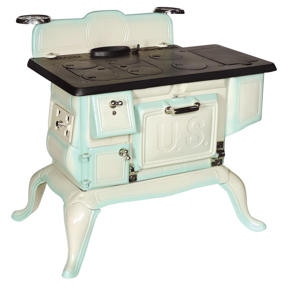 Salesman sample or child: Salesman sample or child's stove, U.S. Gothic 68-18, green & cream cast iron w/nickel trim & teapot shelves, 6-burner w/reservoir, beautifully restored in Exc cond, 17"H x 16.5"W.