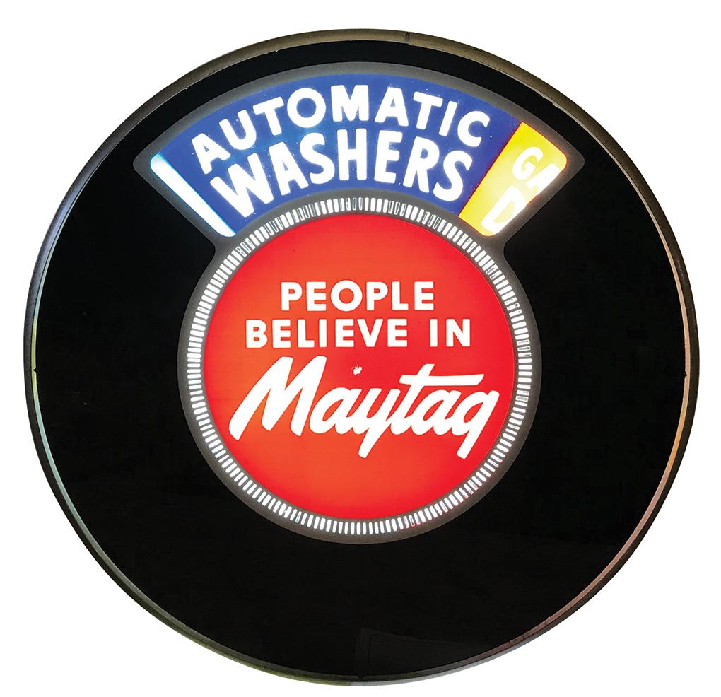 Hardware store Maytag advertising motion sign,: Hardware store Maytag advertising motion sign, "Illuminated-Color-In-Motion" for Automatic Washers, Gas & Electric Dryers, Gas Ranges, Food Freezers & Wringer Washers, metal & glass light-up mfgd by T