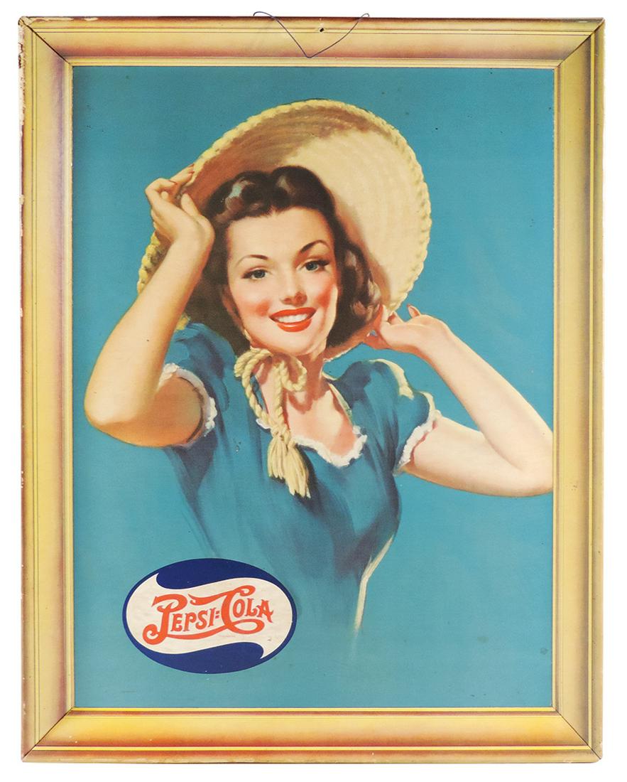 Pepsi-Cola double-dot sign, self-framed cdbd, 1942,: Pepsi-Cola double-dot sign, self-framed cdbd, 1942, brunette beauty w/large straw hat, some restorable upper L corner frame wear, body of sign in Exc cond w/great color, 34"H x 24"W.