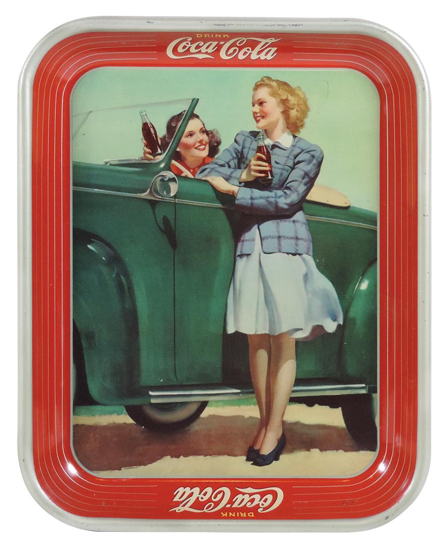 Coca-Cola serving tray, 1942, Roadster Girl, litho on: Coca-Cola serving tray, 1942, Roadster Girl, litho on metal by American Art Works, Near-Mint cond, 13.25"H x 10.5"W.