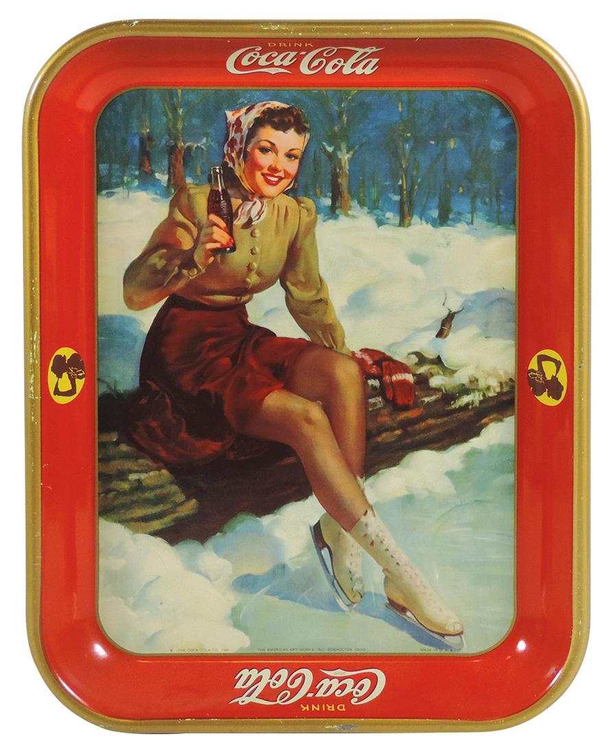 Coca-Cola serving tray, 1941, Skater Girl, litho on: Coca-Cola serving tray, 1941, Skater Girl, litho on metal by American Art Works, Near-Mint cond, 13.25"H x 10.5"W.