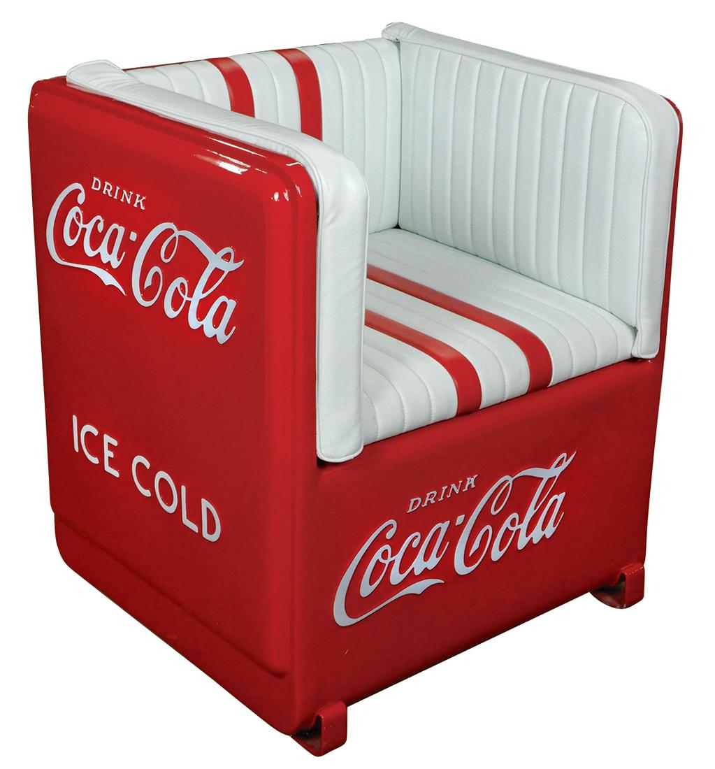 Coca-Cola cooler chair, made from a cooler w/ribbed: Coca-Cola cooler chair, made from a cooler w/ribbed bottom, painted metal w/vinyl upholstery, embossed on all 4 sides, very comfy, Exc Restored cond, 34"H x 30.5"W x 25"D.