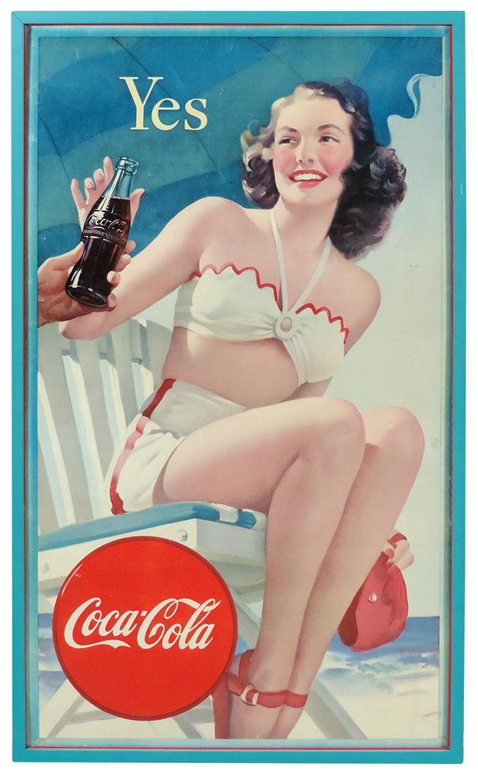 Coca-Cola cdbd sign, Bathing Beauty dated 1947 by: Coca-Cola cdbd sign, Bathing Beauty dated 1947 by Niagara Litho Co., VG+ to Exc cond w/great color in matching metal frame, 51.5"H x 31.5"W.