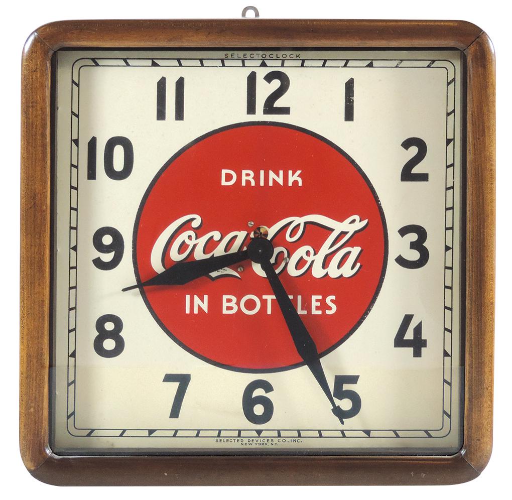 Coca-Cola clock, "Drink Coca-Cola in Bottles", c.1939,: Coca-Cola clock, "Drink Coca-Cola in Bottles", c.1939, wood frame w/metal face, mfgd by Selected Devises Co., Inc.-New York, Exc+ working cond, 16"Sq.