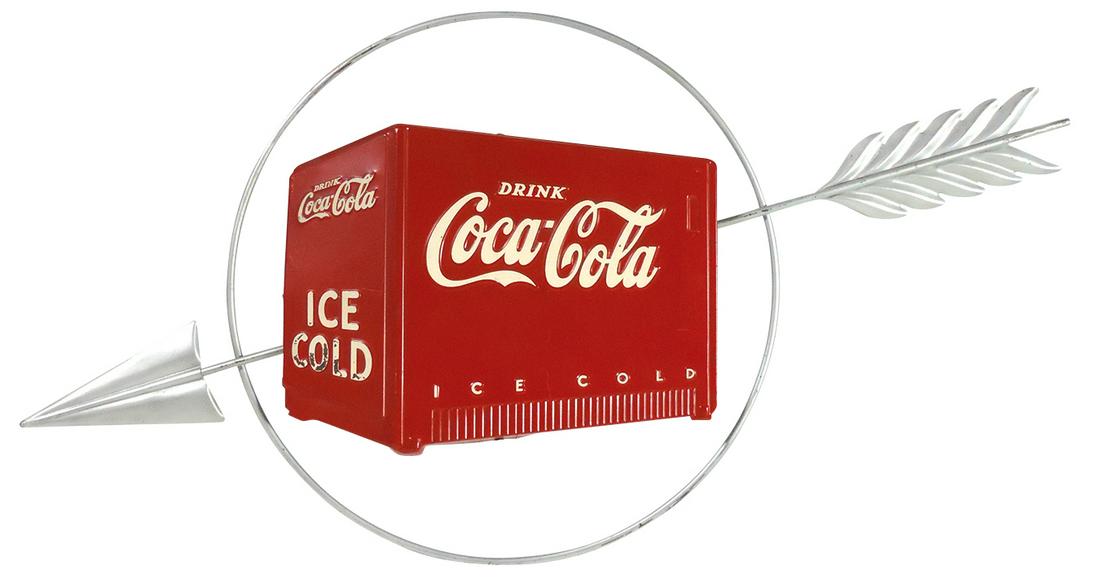 Coca-Cola arrow sign w/embossed metal cooler, stamped: Coca-Cola arrow sign w/embossed metal cooler, stamped Kay Displays on back, c.1940's, Exc cond w/some paint loss of word "COLD", 16"H x 32"W.