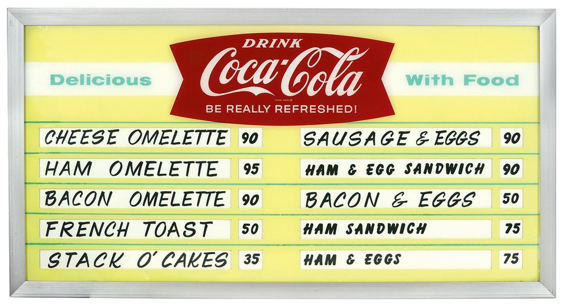 Coca-Cola menu board w/fishtail logo, glass face &: Coca-Cola menu board w/fishtail logo, glass face & metal frame, c.1960's, Near-Mint cond, 20"H x 38"W.