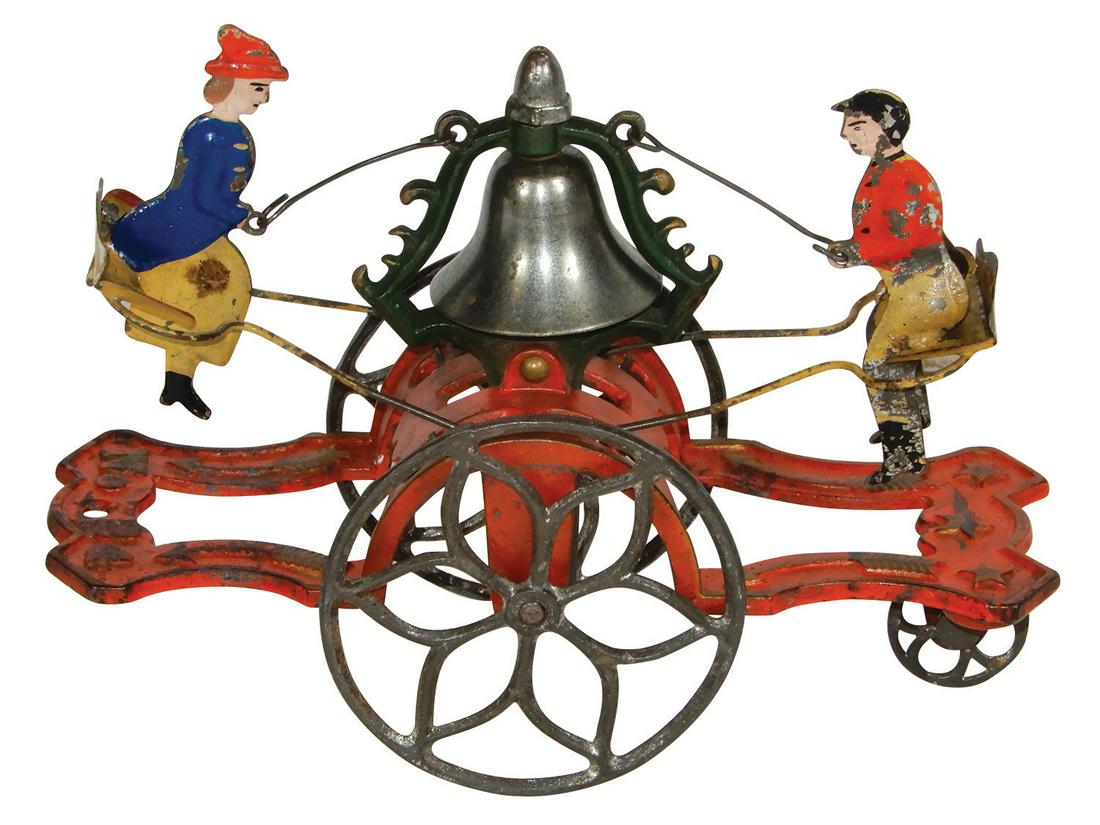 Toy Gong Bell No. 24 Man & Woman Bell Ringer, cast iron: Toy Gong Bell No. 24 Man & Woman Bell Ringer, cast iron & tin w/orig paint, No. 24 embossed on ornate base, Exc cond w/minor paint wear, 7.25"L.