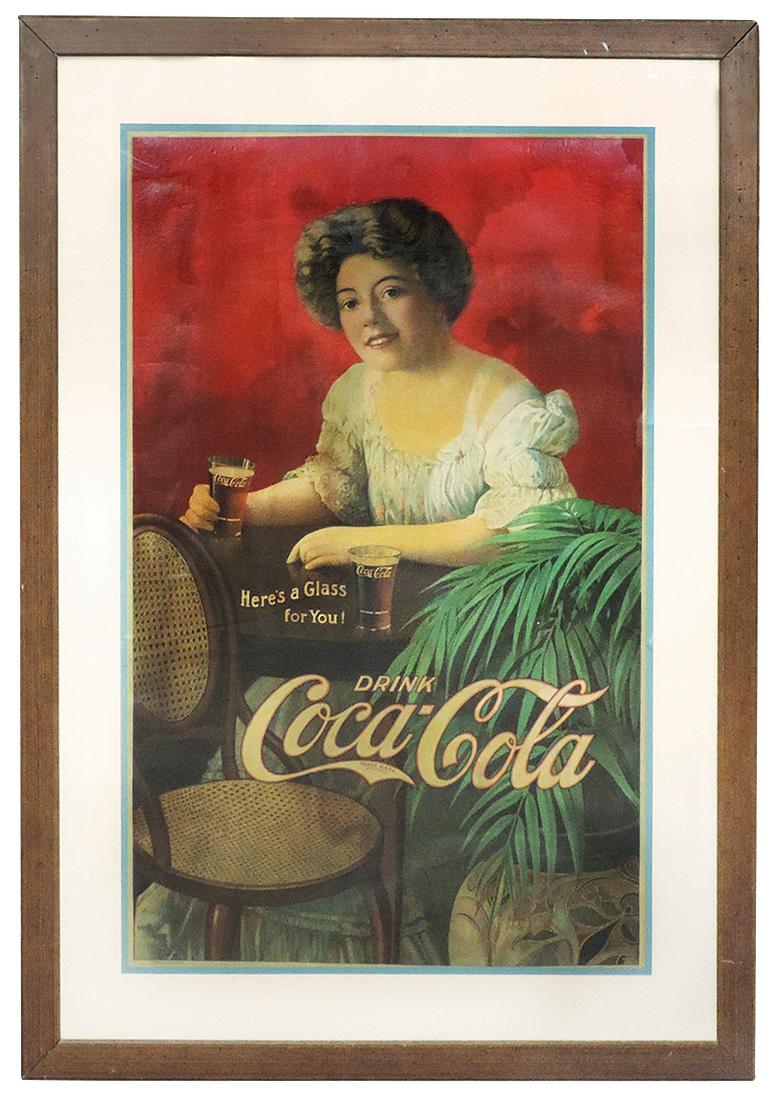 Coca-Cola cdbd sign, "Here: Coca-Cola cdbd sign, "Here's a Glass for You!", dated 1908, Very Rare, bold & beautiful colors, double matted & framed, Exc cond w/some areas of professional restoration, scratches on Plexiglas not on