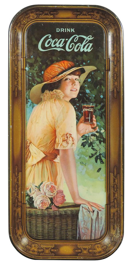 Coca-Cola serving tray, 1916, Elaine, fountain sales,: Coca-Cola serving tray, 1916, Elaine, fountain sales, Exc cond w/small age spots, strong color, 19"H x 8.5"W.