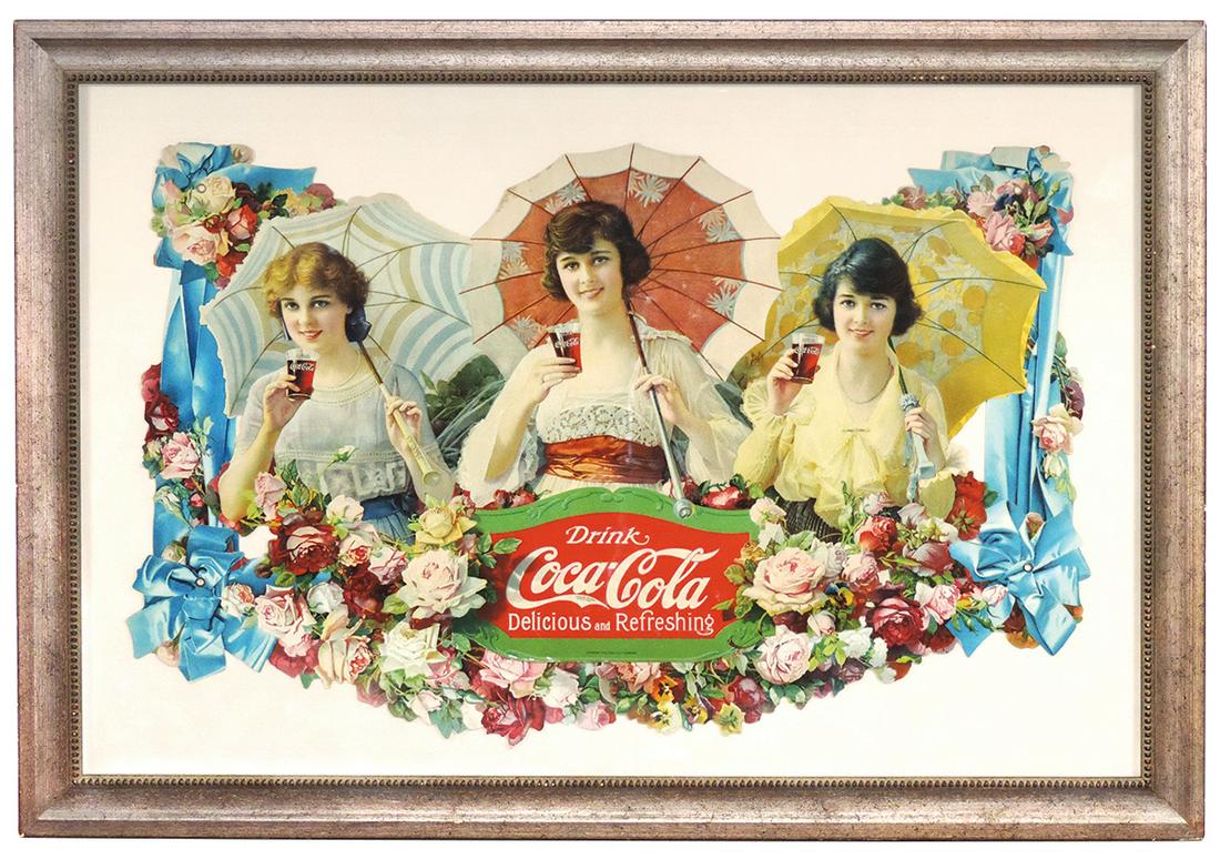 Coca-Cola diecut cdbd festoon element, "Umbrella: Coca-Cola diecut cdbd festoon element, "Umbrella Girls", c.1918, nicely matted & framed, VG+ to Exc cond w/great color, 31"H x 45"W.