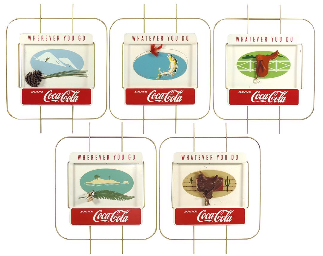 Coca-Cola festoon, complete 5 pc metal set: Coca-Cola festoon, complete 5 pc metal set w/3-dimensional "Wherever You Go-Whatever You Do" vignettes, new old stock in orig box w/paper separations, c.1960, Rare to find in this Near-Mint cond w/ori