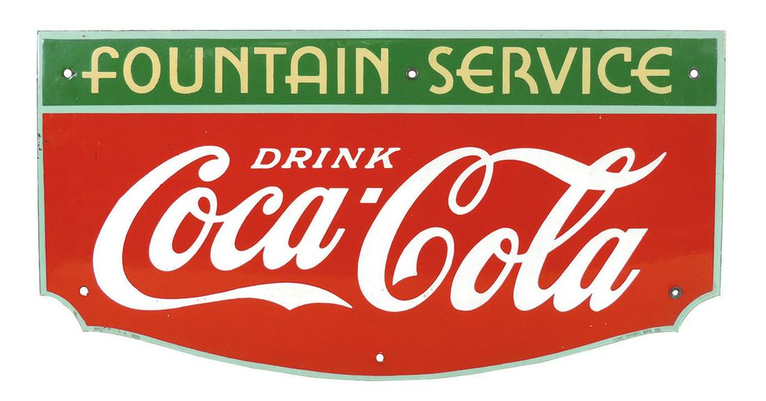 Coca-Cola Fountain Service sign, diecut porcelain,: Coca-Cola Fountain Service sign, diecut porcelain, dated 1933, by Tennessee Enamel Mfg. Co., Exc+ to Near-Mint cond, 14"H x 27"W.