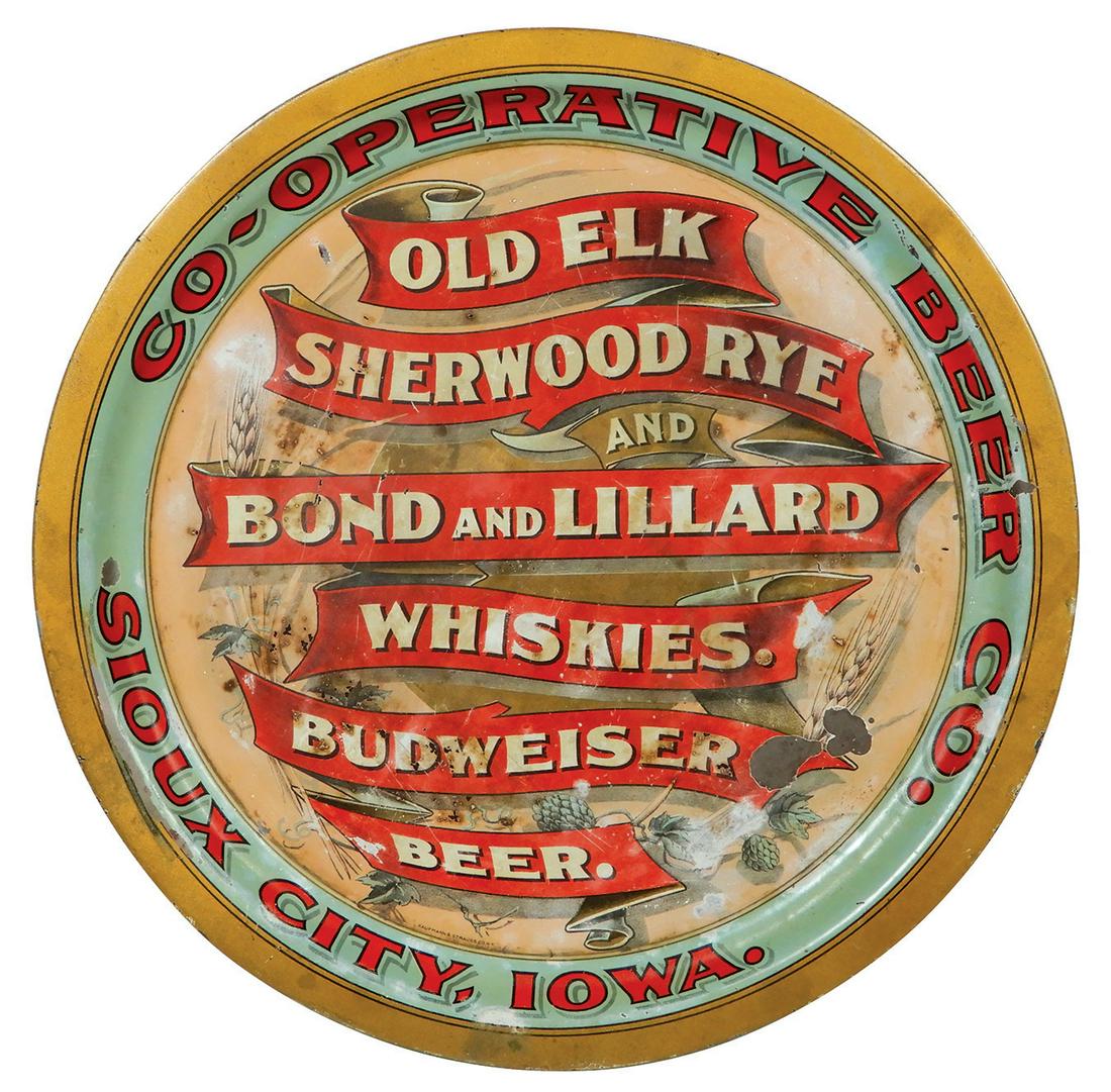 Breweriana tray, Rare, Co-Operative Beer Co.-Sioux City: Breweriana tray, Rare, Co-Operative Beer Co.-Sioux City, IA, Agent for Budweiser, litho on tin, by Kaufmann & Strauss Co.-New York, c.1905, VG cond, 13"Dia.