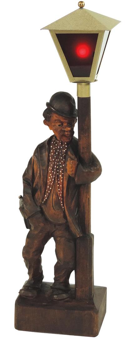 Black Forest carved animated whistler, wood w/key wind,: Black Forest carved animated whistler, wood w/key wind, whistles as head moves back & forth w/lighted lamp post, Exc working cond w/key, 19"H.