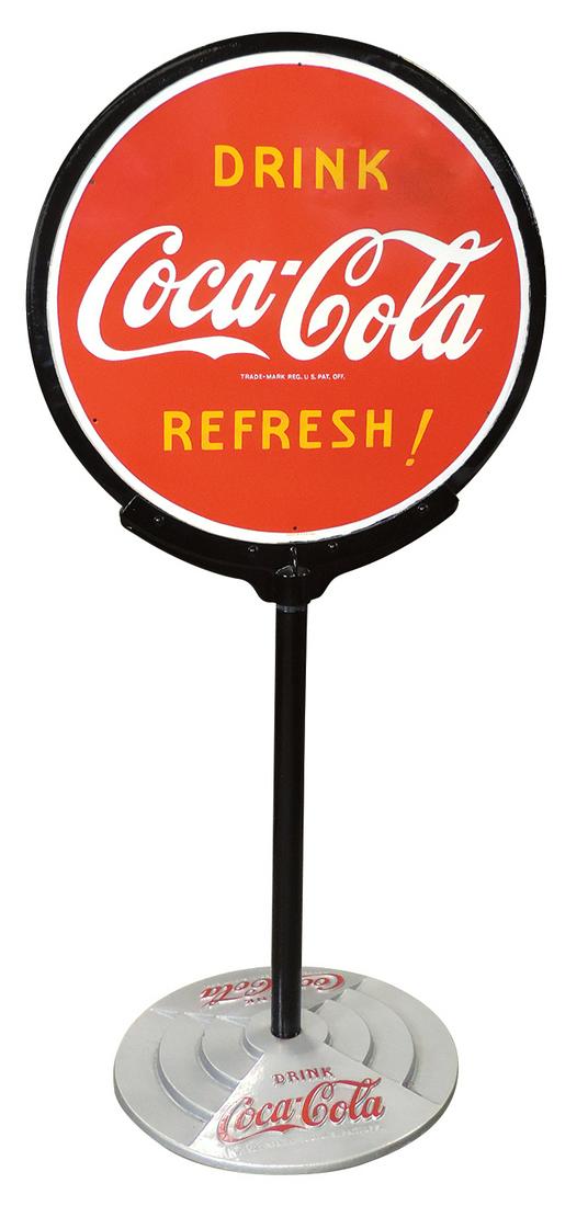 Coca-Cola curb sign, DSP on embossed cast iron base,: Coca-Cola curb sign, DSP on embossed cast iron base, Prof Restored cond, 64"H x 30"Dia.