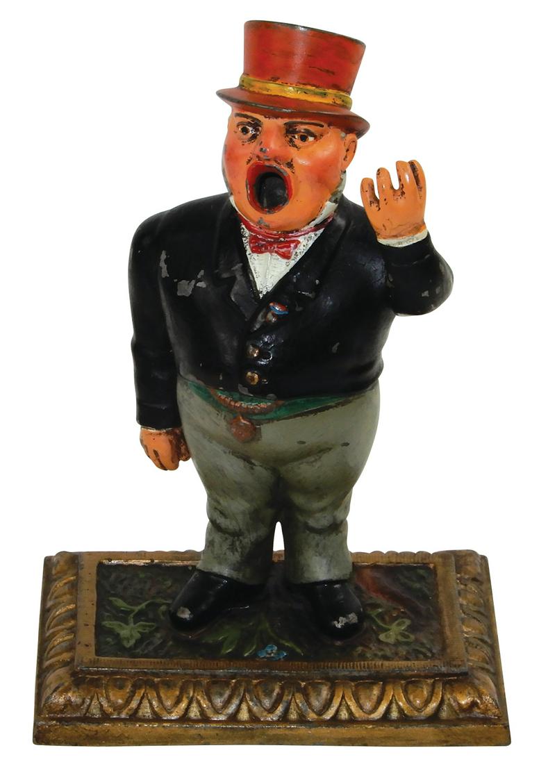 Cigar cutter, figural mechanical Town Crier w/top hat,: Cigar cutter, figural mechanical Town Crier w/top hat, made by John McKinly-Albany, NY for "Smoke Fritz Emmett Cigars" painted cast metal, c.1880-1890, Exc working cond, 7.5"H x 5.25"W.