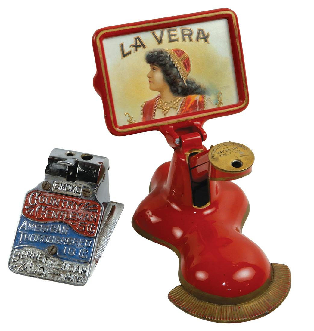 Cigar cutters (2), Country Gentleman American: Cigar cutters (2), Country Gentleman American Thoroughbred 10 Cent Cigar-Bennett Sloan & Co.-NY, mfgd by The Brunhoff Mfg. Co.-Cinc., patd May 19, 1891 cast on bottom, nickel-plated cast metal w/red &