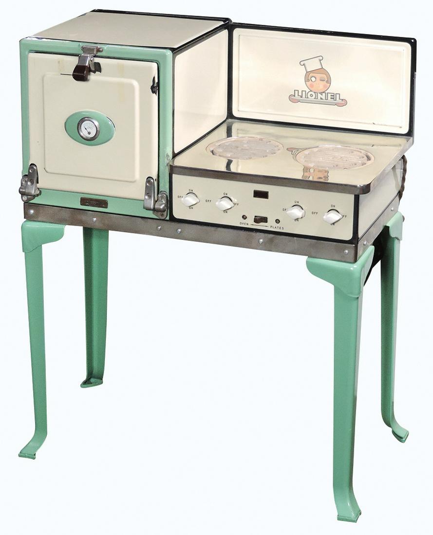 Child's stove, Lionel No. 455, 2 burner electric range: Child's stove, Lionel No. 455, 2 burner electric range w/oven, green & cream porcelain, c.1930, 3 spots of loss, o/wise Exc working cond, 33"H x 26"W.