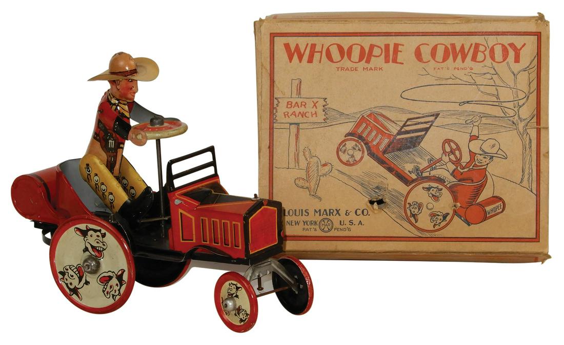 Toy Marx Whoopie Cowboy car, litho on tin: Toy Marx Whoopie Cowboy car, litho on tin clockwork/windup, comic rendering of Cowboy seated driver w/wheels decorated w/Laughing Cows, goes forward, backward & spins around, Exc working cond w/orig F