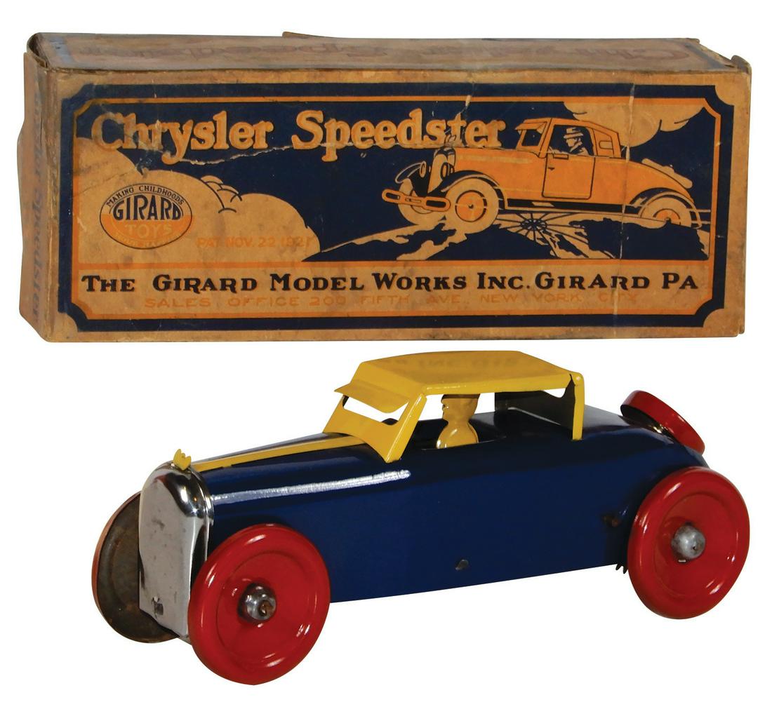 Toy Girard Chrysler Speedster, by The Girard Model: Toy Girard Chrysler Speedster, by The Girard Model Works Inc.-Girard, PA, litho on tin windup, NOS car in never played with working cond, box in Good cond, 8"L.