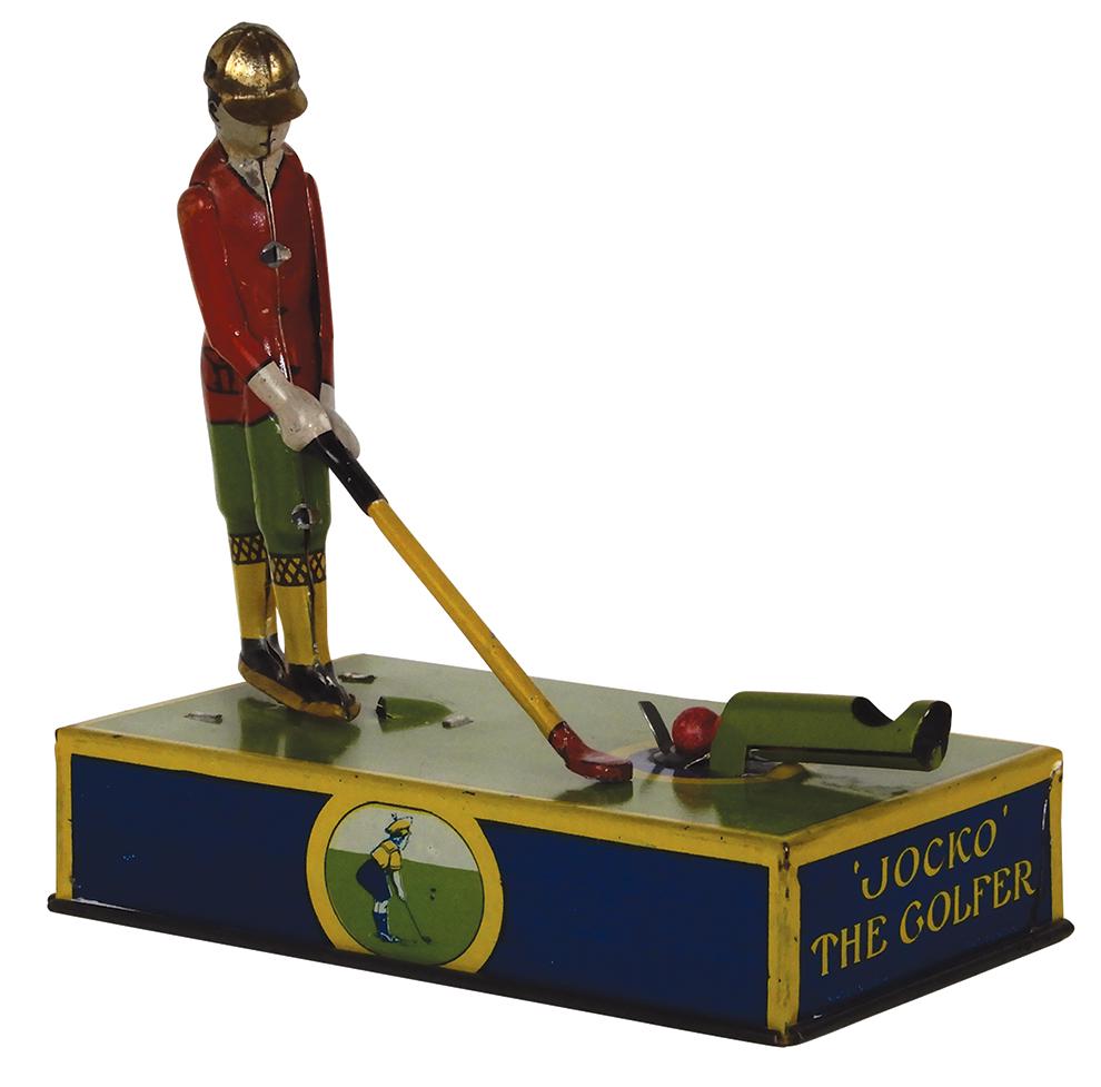 Toy golfer, Jocko The Golfer, litho on tin, pull knob: Toy golfer, Jocko The Golfer, litho on tin, pull knob at base & watch him swing, dressed in full outfit w/hat, comes w/3 golf balls, Exc working cond, 6.5"L.