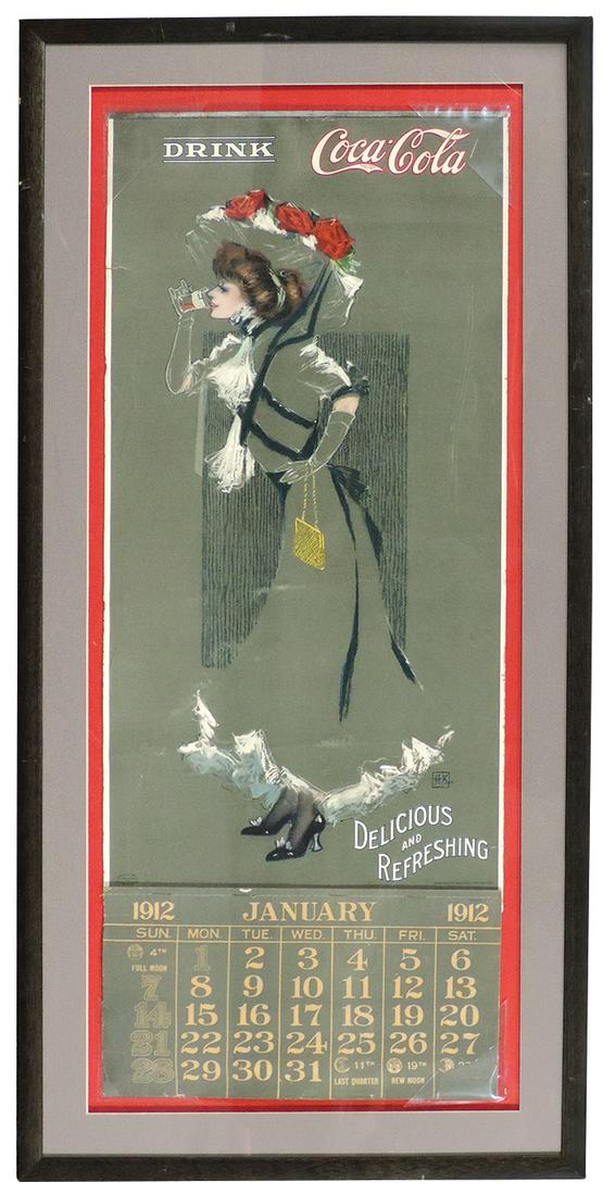 Coca-Cola calendar, dated 1912 w/full calendar pad,: Coca-Cola calendar, dated 1912 w/full calendar pad, published by Wolf & Co.-Philadelphia, by artist Hamilton King, Prof double matted & framed, VG cond w/edge tear & crease, 36.5"H x 17.5"W.