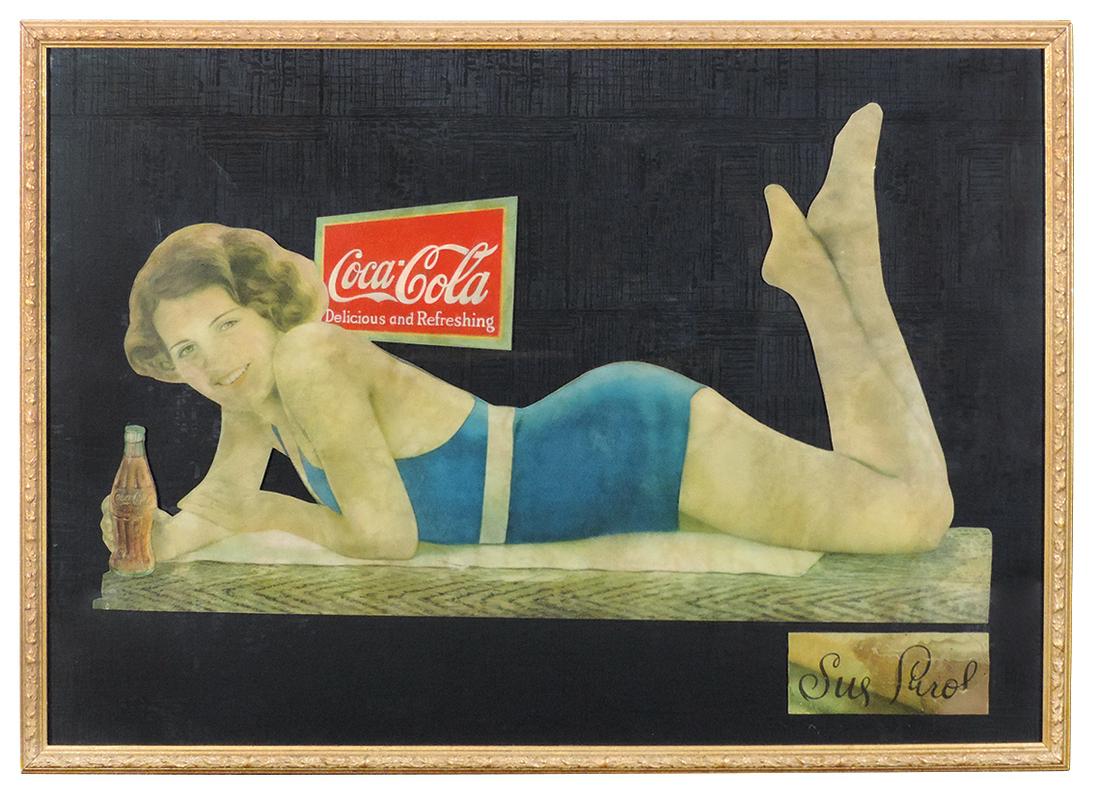 Coca-Cola diecut cdbd sign, Bathing Beauty Sue Carol,: Coca-Cola diecut cdbd sign, Bathing Beauty Sue Carol, c.1932, VG cond w/overall foxing, Rare, Prof framed, 27.5"H x 39"W.