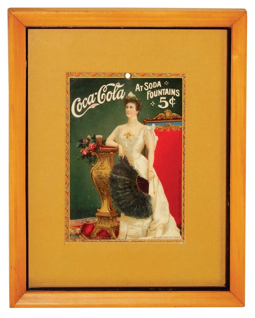 Coca-Cola card, published by Wolf & Co.-Phila., c.1905,: Coca-Cola card, published by Wolf & Co.-Phila., c.1905, cdbd, no coupon but framed to see back of card, VG cond w/great color, frame 5.25"H x 3.75"W.