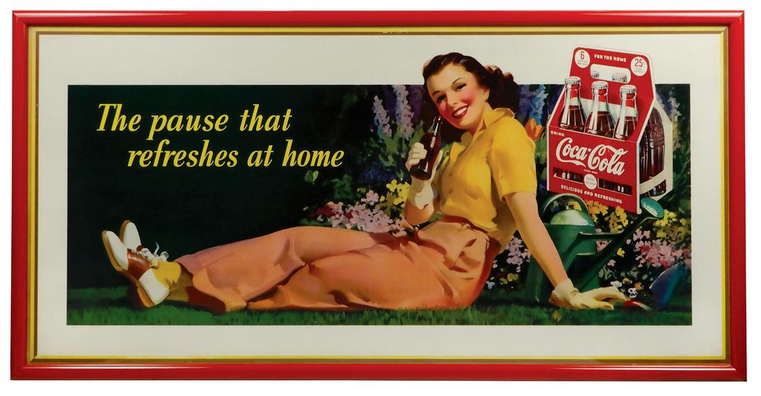 Coca-Cola sign, "The pause that refreshes at home",: Coca-Cola sign, "The pause that refreshes at home", litho on cdbd, gardening scene w/pretty girl & 6-pak, dated 1941, sign in Near-Mint/Mint cond, framed 29"H x 58"W.