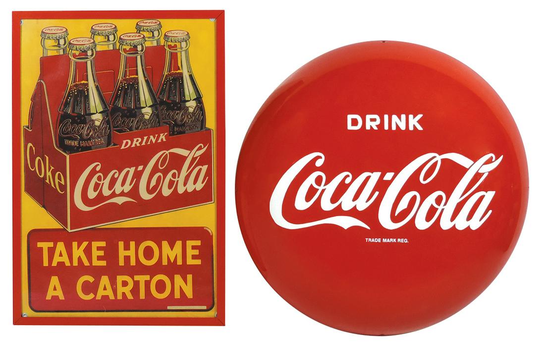 Coca-Cola signs (2), "TAKE HOME A CARTON", Rare, dated: Coca-Cola signs (2), "TAKE HOME A CARTON", Rare, dated 1946, heavy paper w/corner grommets, prof framed , Exc cond, 15.25"H x 10.5"W & an older reproduction "Drink Coca-Cola" metal "Trade Mark Registe