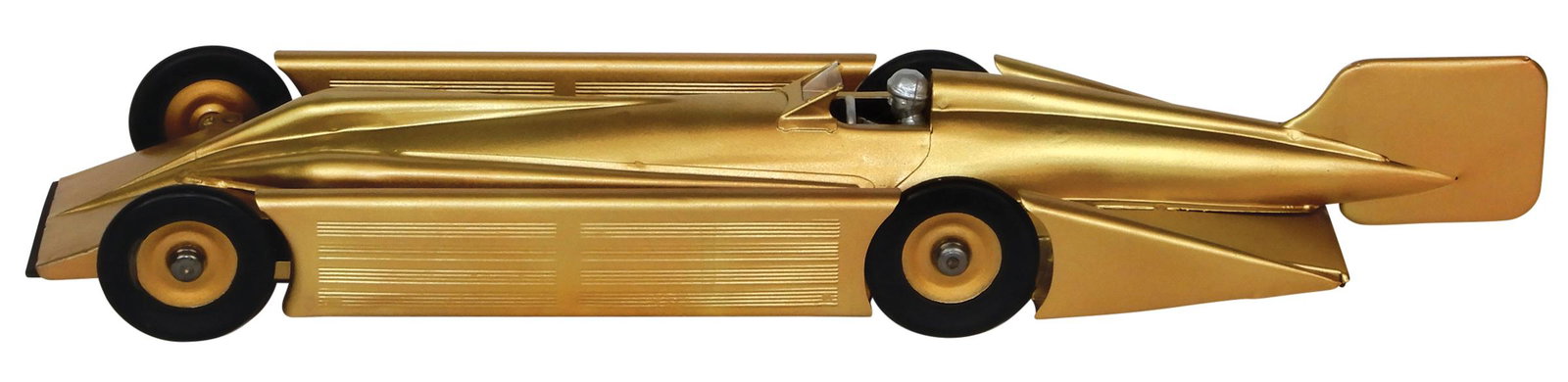 Toy race car, Kingsbury Golden Arrow Racer, painted: Toy race car, Kingsbury Golden Arrow Racer, painted pressed steel, replica of actual car driven by Major Henry Seagrave who set a new land speed record of 231 m.p.h. in 1929, Exc Restored cond, 19.5"L