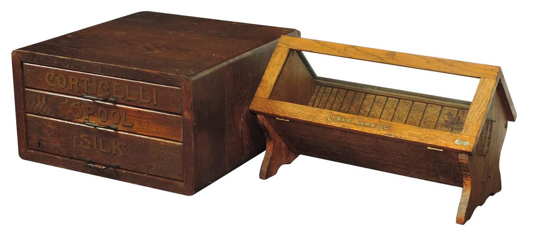 Country store spool cabinet & elastic cabinet,: Country store spool cabinet & elastic cabinet, Corticelli Spool Silk, oak 3-drwr w/orig adv on drwrs & Lisle Elastic, oak w/hinged lid, missing dividers, both in VG cond, 8" x 15 x 16"D & 9"H x 16 x 9