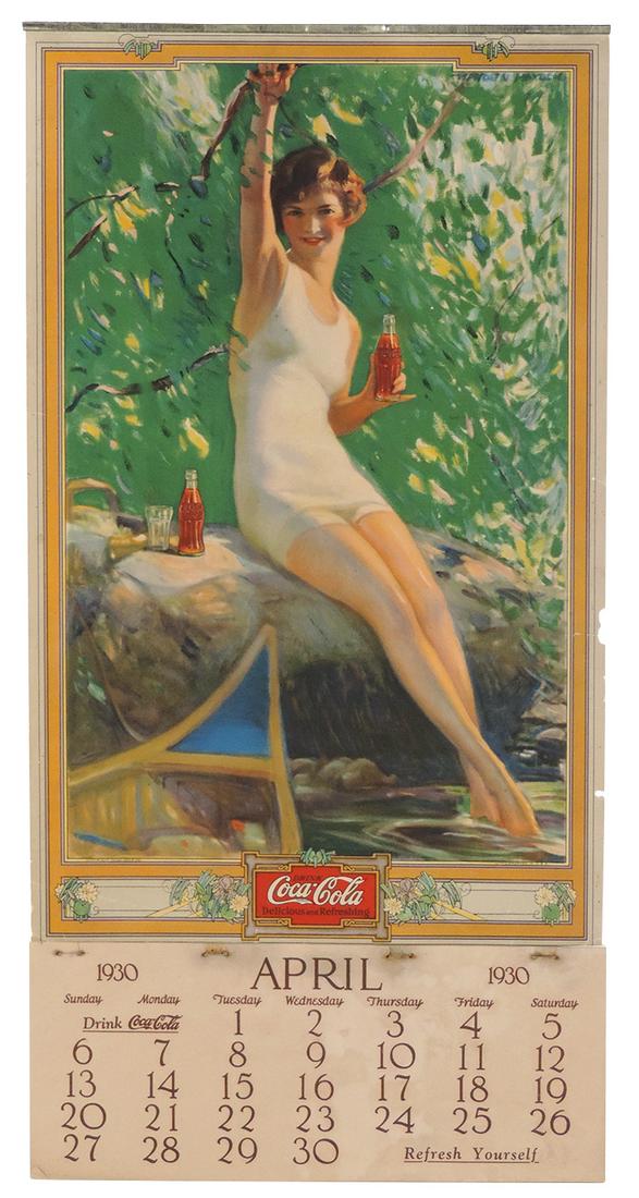 Coca-Cola calendar, 1930, April through December: Coca-Cola calendar, 1930, April through December calendar pad, linen backed, VG+ cond w/minor wear, 24"H x 12"W.