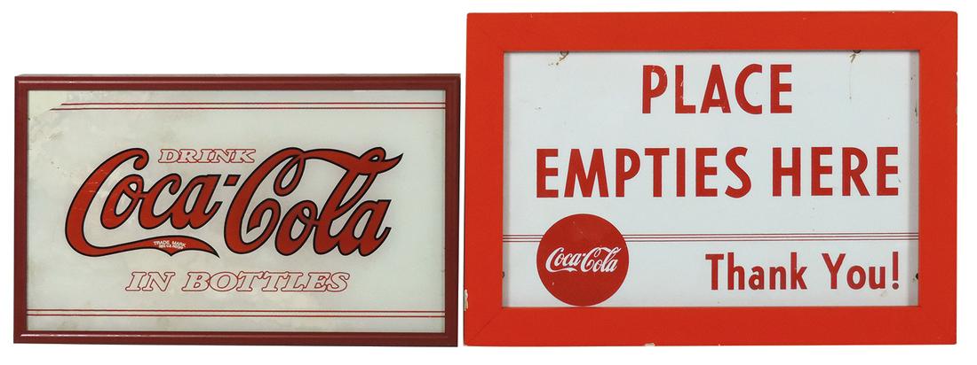 Coca-Cola reverse-paint-on-glass sign, "Drink Coca-Cola: Coca-Cola reverse-paint-on-glass sign, "Drink Coca-Cola in Bottles", Rare, c. 1930's & "Place Empties Here-Thank You!" metal framed sign, both VG cond, 7.5"H x 12"W & 9"H x 13.5"W.