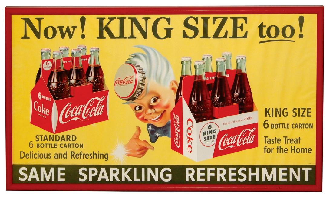 Coca-Cola sign, colorful litho on paper, "Now! King: Coca-Cola sign, colorful litho on paper, "Now! King Size too!" dated, 1955, Exc cond w/some soft ripples, Prof framed, 21"H x 37"W.