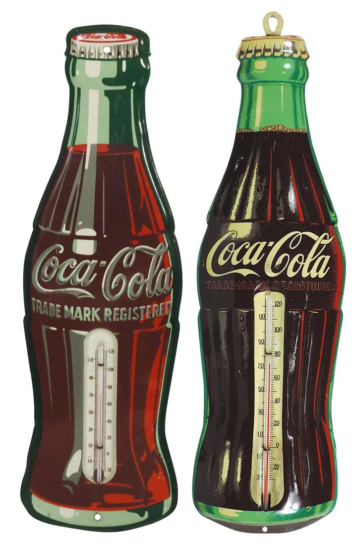 Coca-Cola thermometers (2), both embossed metal in: Coca-Cola thermometers (2), both embossed metal in bottle shape, 1 marked Robertson, 16.5" & 17.5"H, both Exc working cond.